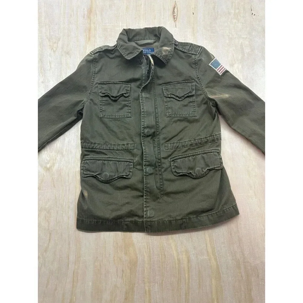 Polo Ralph Lauren Green Military Jacket Coat USA Flag Patch Child Size S 6‎